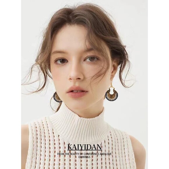 Round Hoop Bronze Boho Dangle Statement Vintage Dainty Earring for Women - Picture 3 of 9